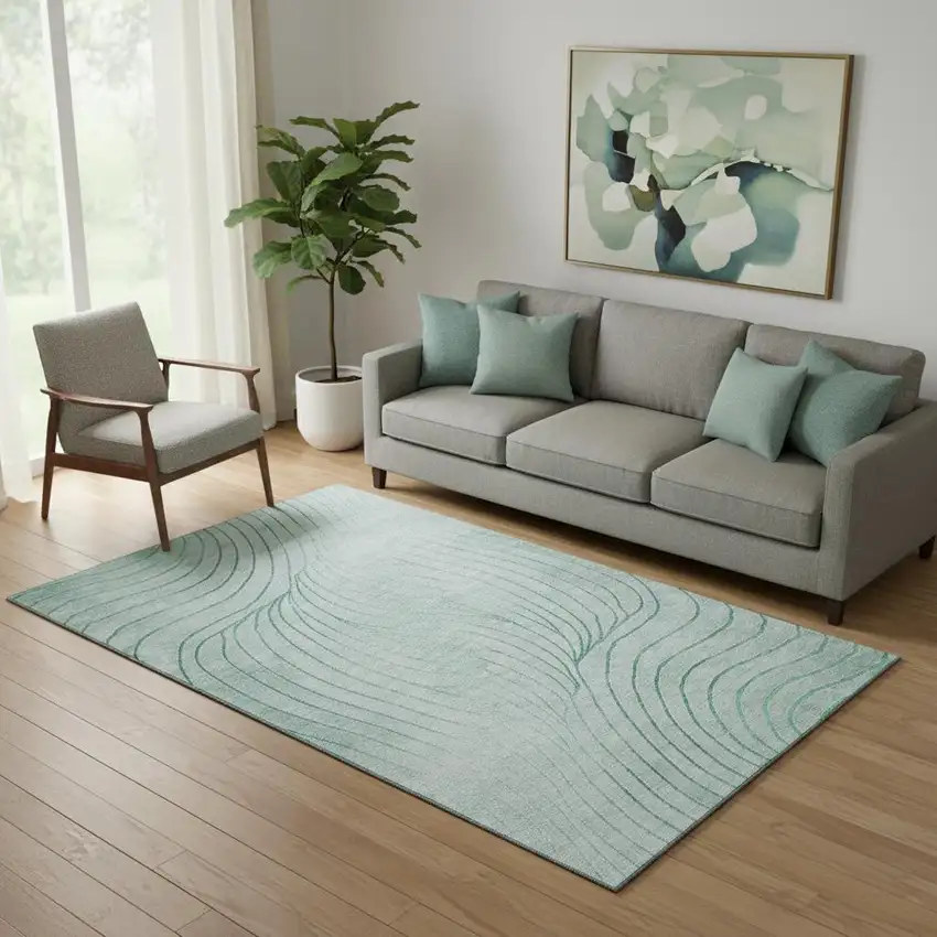Mint Green And Silver Abstract Washable Area Rug With UV Protection Photo 2