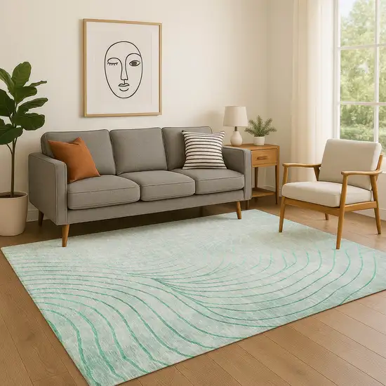 Mint Green And Silver Abstract Washable Area Rug With UV Protection Photo 5