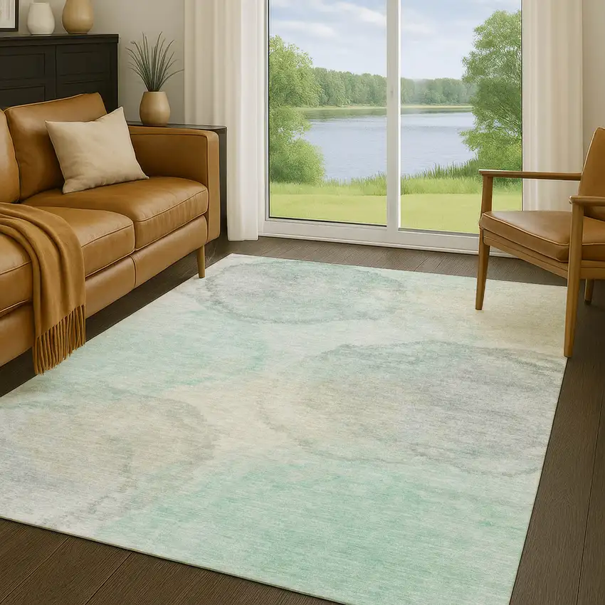 Mint Green And Teal Blue Abstract Washable Indoor Outdoor Area Rug Photo 5