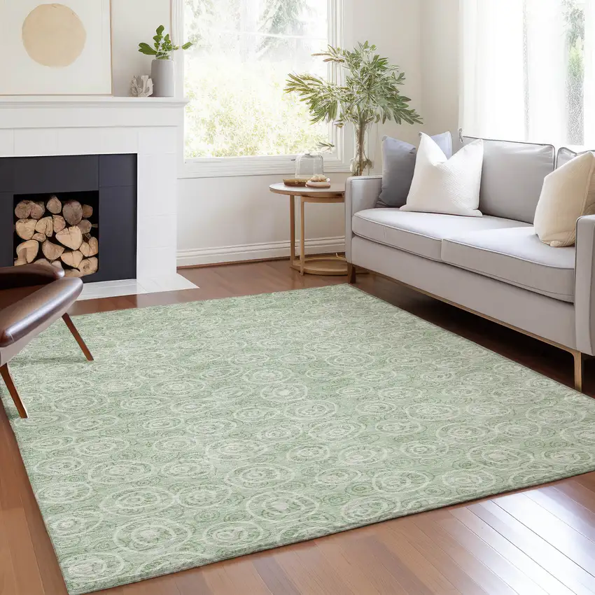 Mint Green Artichoke Green And Ivory Geometric Washable Indoor Outdoor Area Rug Photo 8