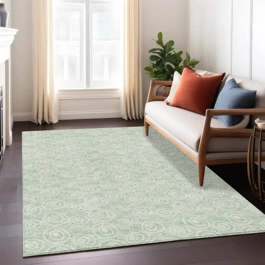 Mint Green Artichoke Green And Ivory Geometric Washable Indoor Outdoor Area Rug Photo 8