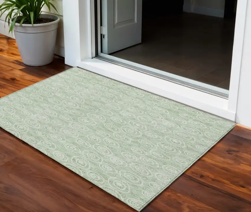 Mint Green Artichoke Green And Ivory Geometric Washable Indoor Outdoor Area Rug Photo 1