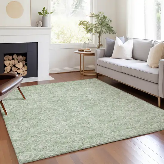 Mint Green Artichoke Green And Ivory Geometric Washable Indoor Outdoor Area Rug Photo 7