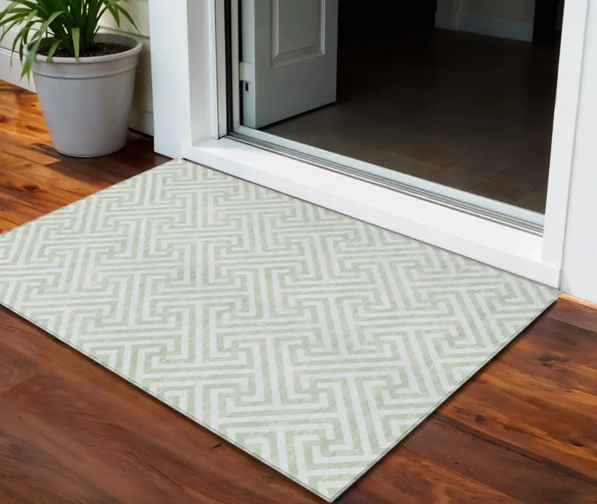 Mint Green Artichoke Green And Ivory Geometric Washable Indoor Outdoor Area Rug Photo 1
