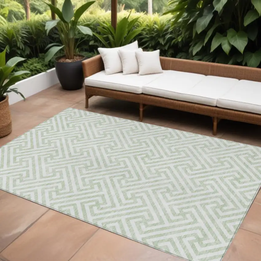Mint Green Artichoke Green And Ivory Geometric Washable Indoor Outdoor Area Rug Photo 1