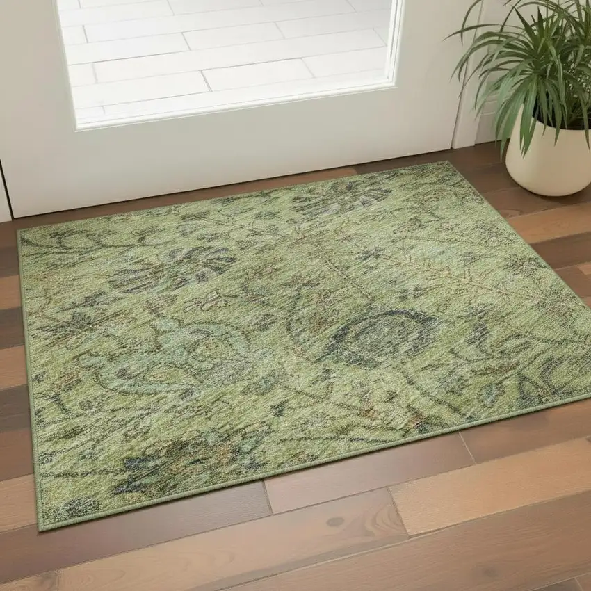 Mint Green Beige And Teal Floral Washable Area Rug With UV Protection Photo 2