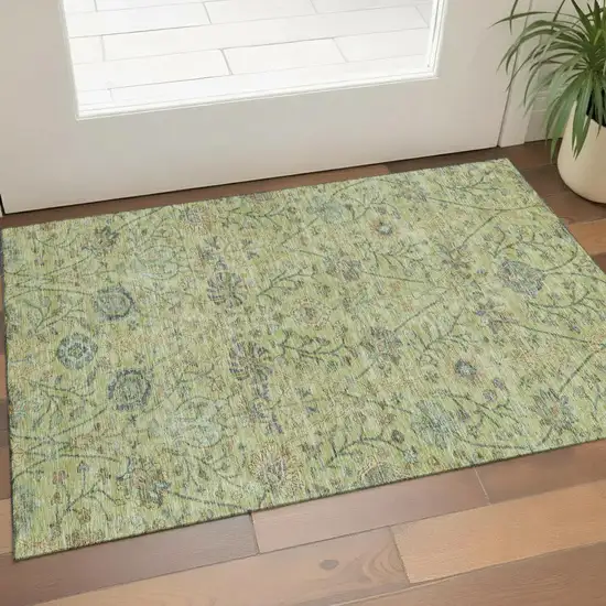 Mint Green Beige And Teal Floral Washable Area Rug With UV Protection Photo 1