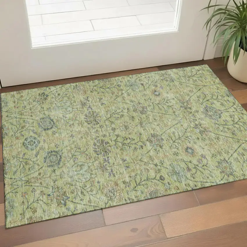 Mint Green Beige And Teal Floral Washable Area Rug With UV Protection Photo 1