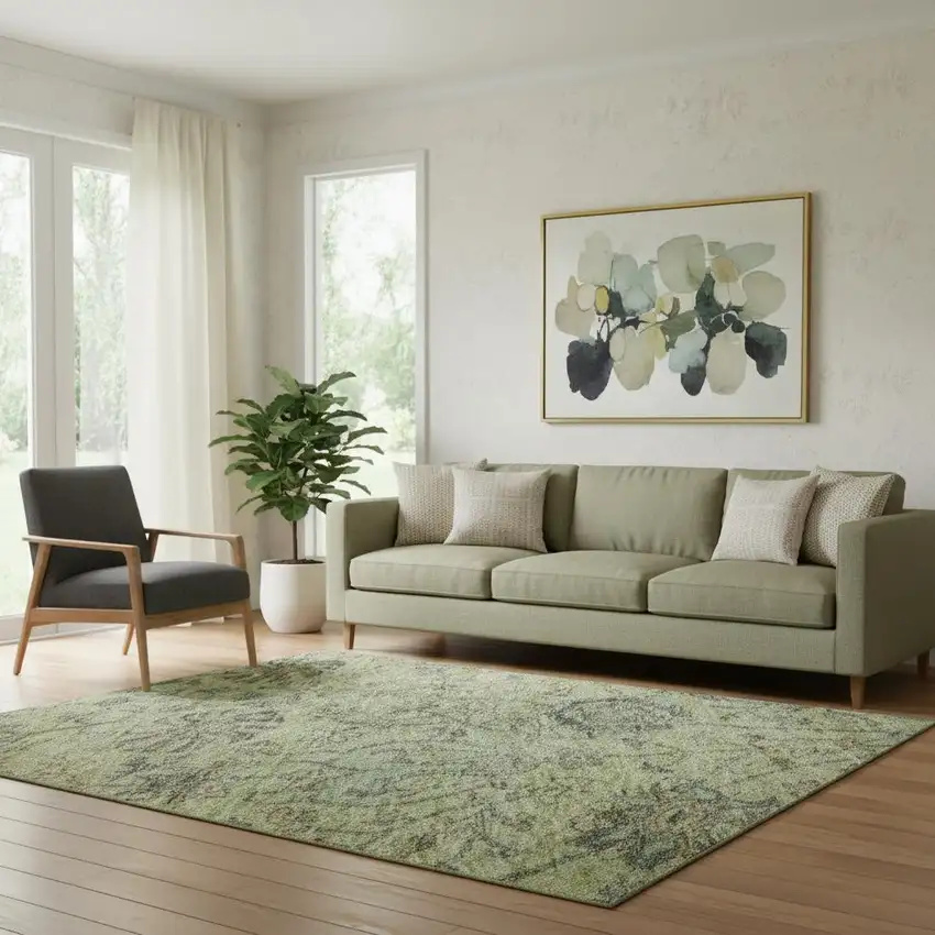 Mint Green Beige And Teal Floral Washable Area Rug With UV Protection Photo 2