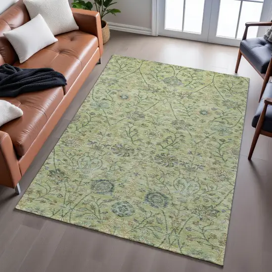 Mint Green Beige And Teal Floral Washable Area Rug With UV Protection Photo 4