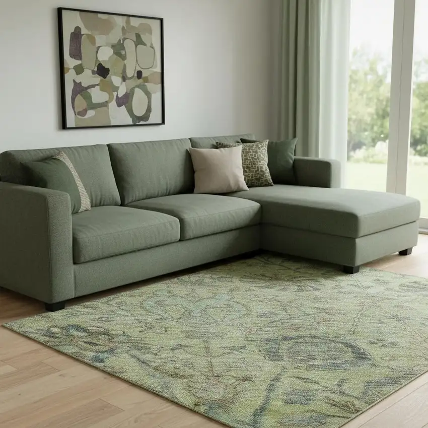 Mint Green Beige And Teal Floral Washable Area Rug With UV Protection Photo 2