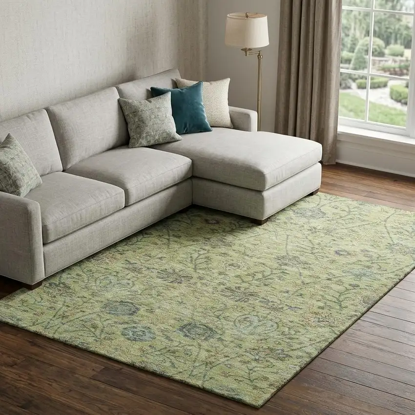 Mint Green Beige And Teal Floral Washable Area Rug With UV Protection Photo 1