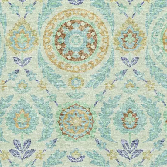 Mint Green Blue And Beige Floral Washable Area Rug With UV Protection Photo 3