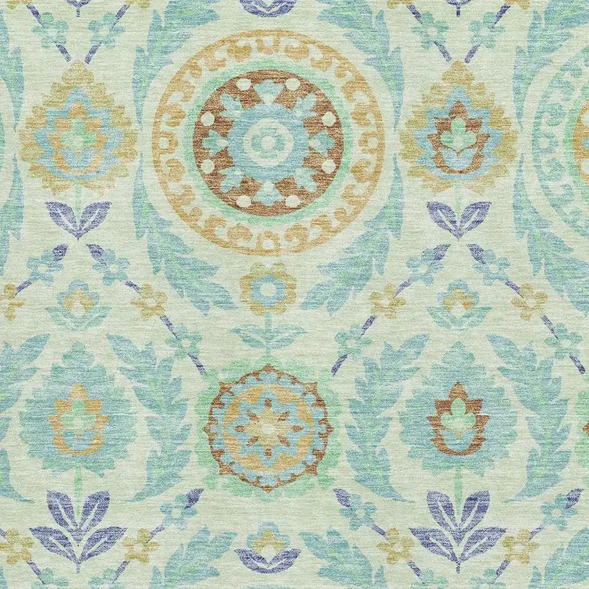 Mint Green Blue And Beige Floral Washable Area Rug With UV Protection Photo 3