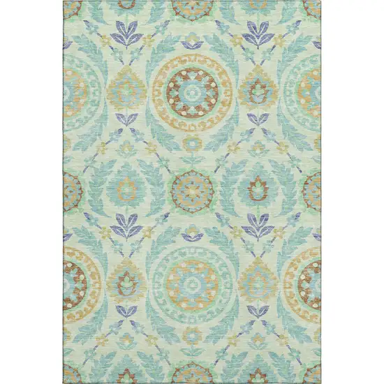 Mint Green Blue And Beige Floral Washable Area Rug With UV Protection Photo 1