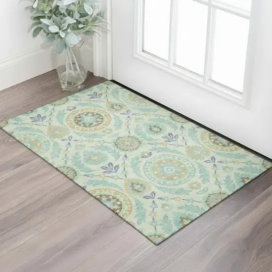 Mint Green Blue And Beige Floral Washable Area Rug With UV Protection Photo 1