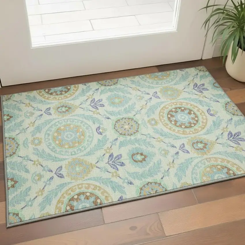 Mint Green Blue And Beige Floral Washable Area Rug With UV Protection Photo 2