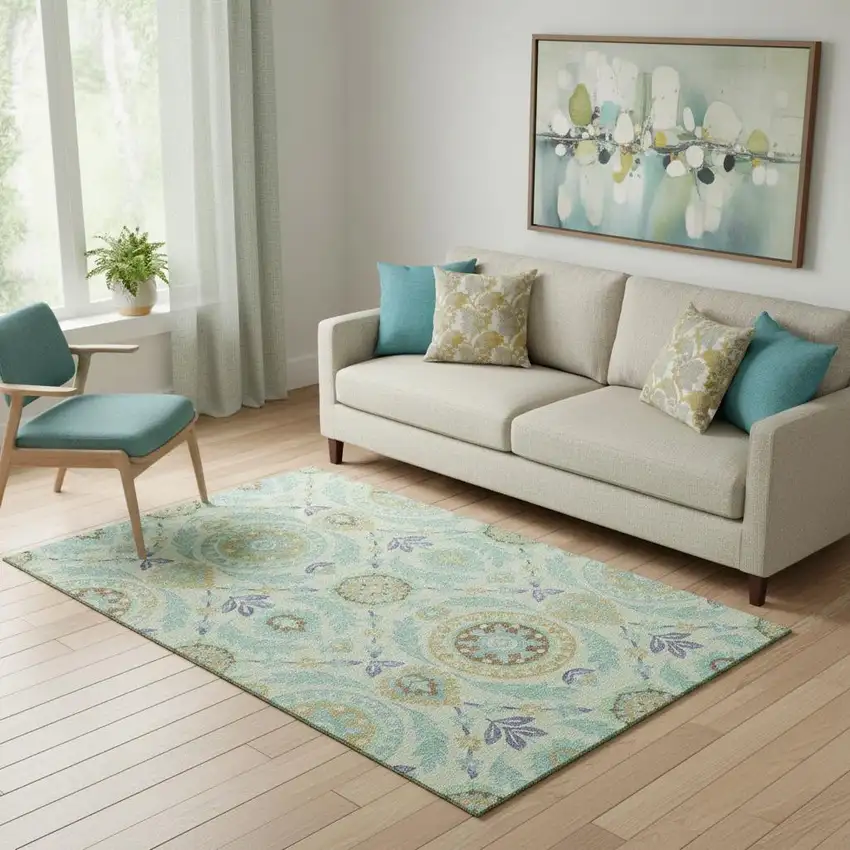 Mint Green Blue And Beige Floral Washable Area Rug With UV Protection Photo 1