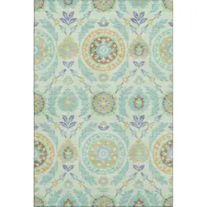 Photo of Mint Green Blue And Beige Floral Washable Area Rug With UV Protection