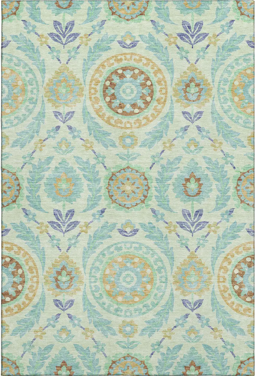 Mint Green Blue And Beige Floral Washable Area Rug With UV Protection Photo 1