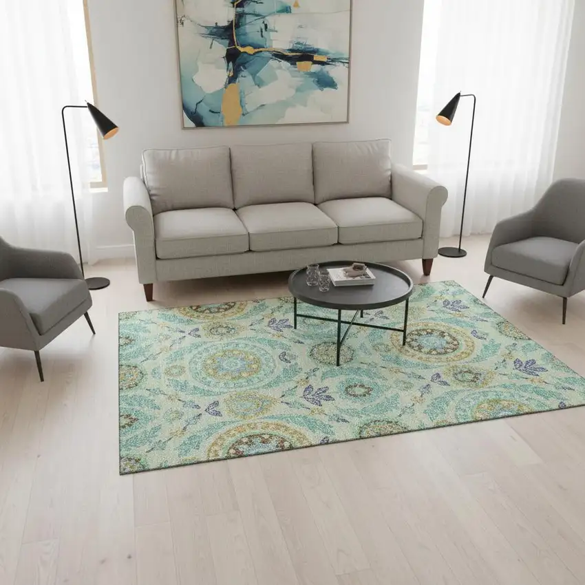 Mint Green Blue And Beige Floral Washable Area Rug With UV Protection Photo 2