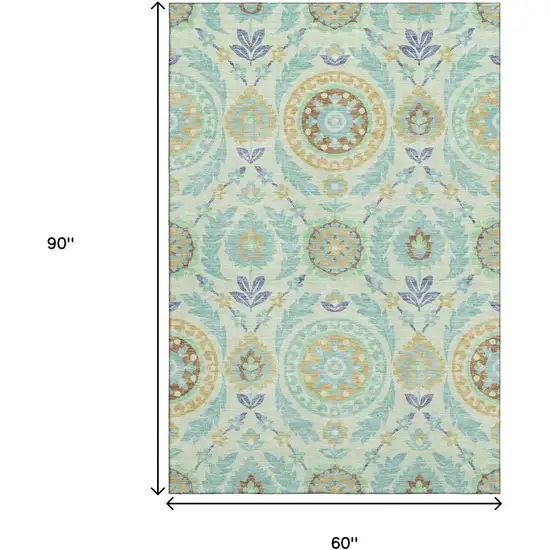 Mint Green Blue And Beige Floral Washable Area Rug With UV Protection Photo 3