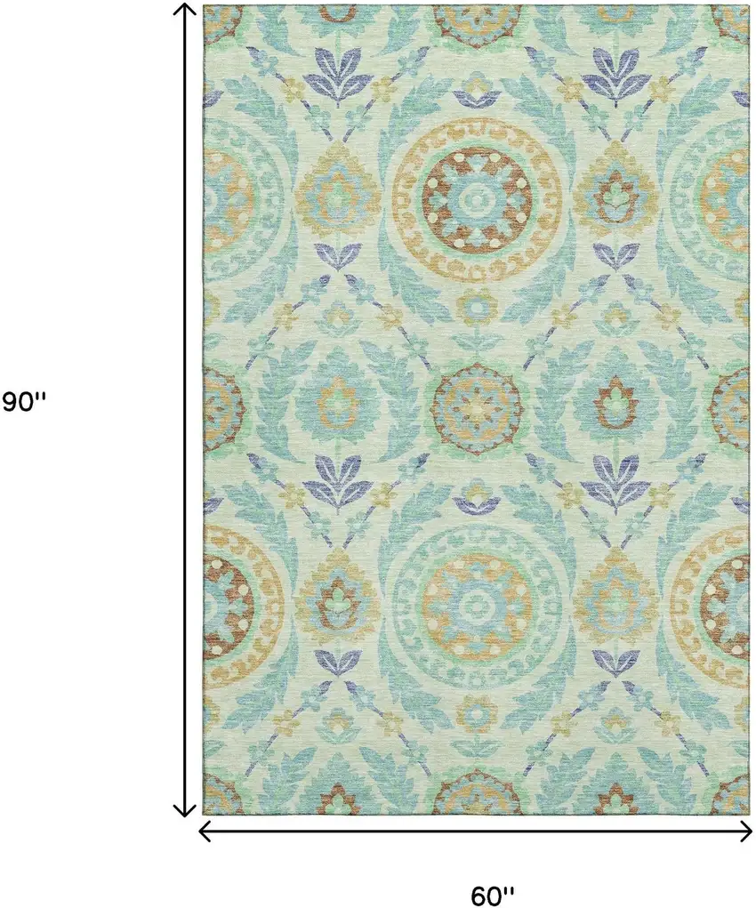 Mint Green Blue And Beige Floral Washable Area Rug With UV Protection Photo 3