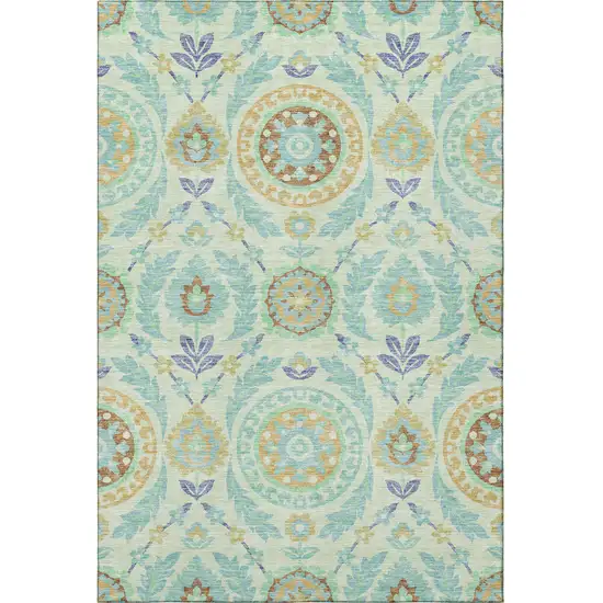 Mint Green Blue And Beige Floral Washable Area Rug With UV Protection Photo 4