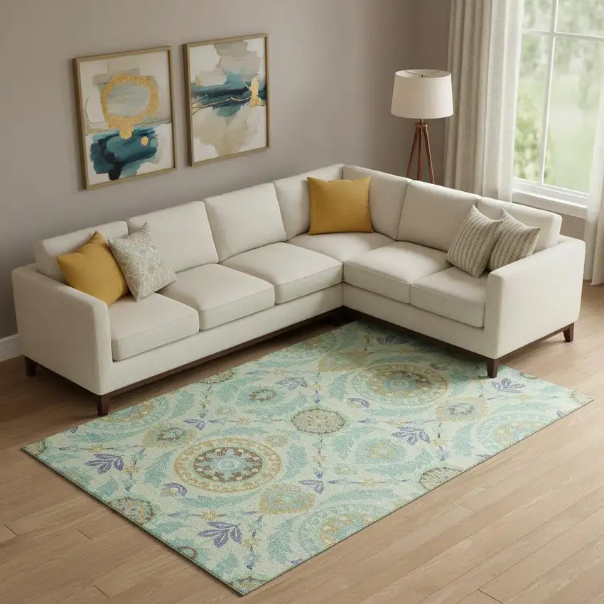 Mint Green Blue And Beige Floral Washable Area Rug With UV Protection Photo 1