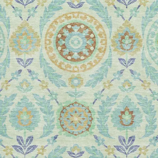 Mint Green Blue And Beige Floral Washable Area Rug With UV Protection Photo 3