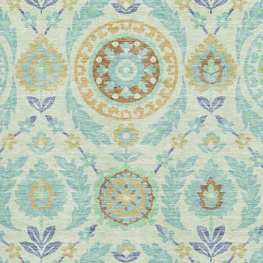 Mint Green Blue And Beige Floral Washable Area Rug With UV Protection Photo 3