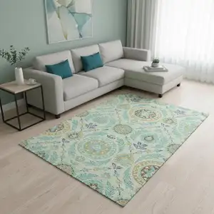 Photo of Mint Green Blue And Beige Floral Washable Area Rug With UV Protection