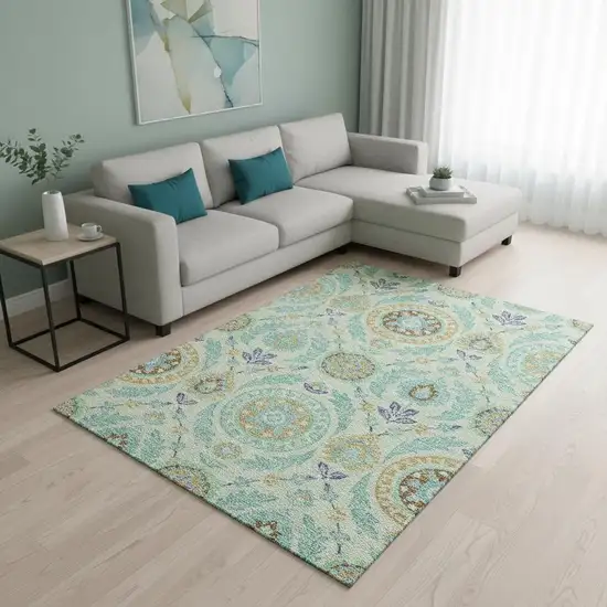 Mint Green Blue And Beige Floral Washable Area Rug With UV Protection Photo 2
