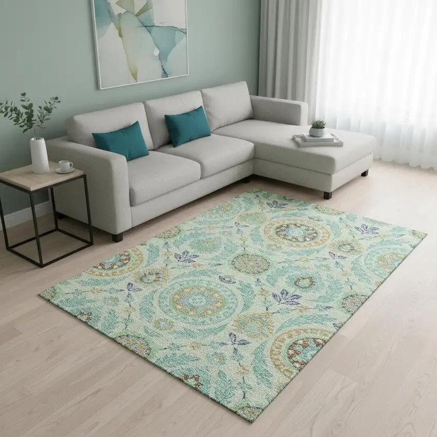 Mint Green Blue And Beige Floral Washable Area Rug With UV Protection Photo 2