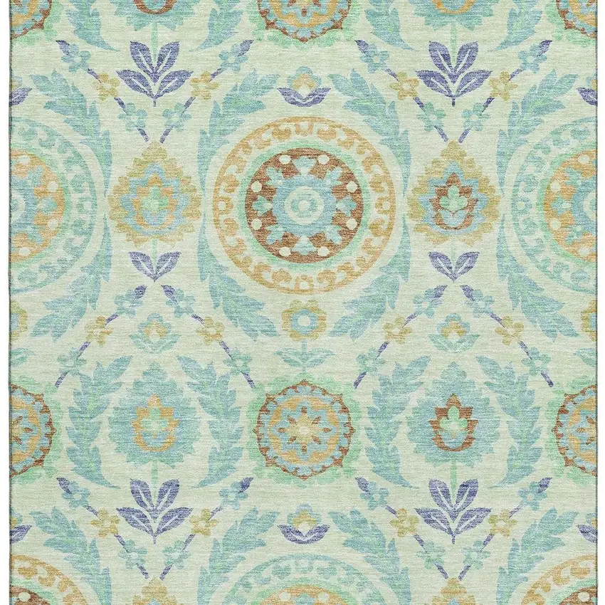 Mint Green Blue And Beige Floral Washable Area Rug With UV Protection Photo 4