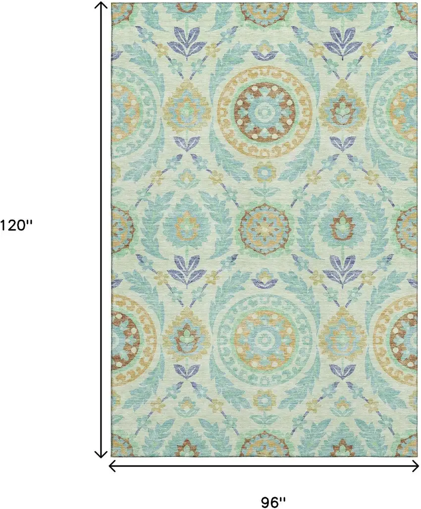 Mint Green Blue And Beige Floral Washable Area Rug With UV Protection Photo 3
