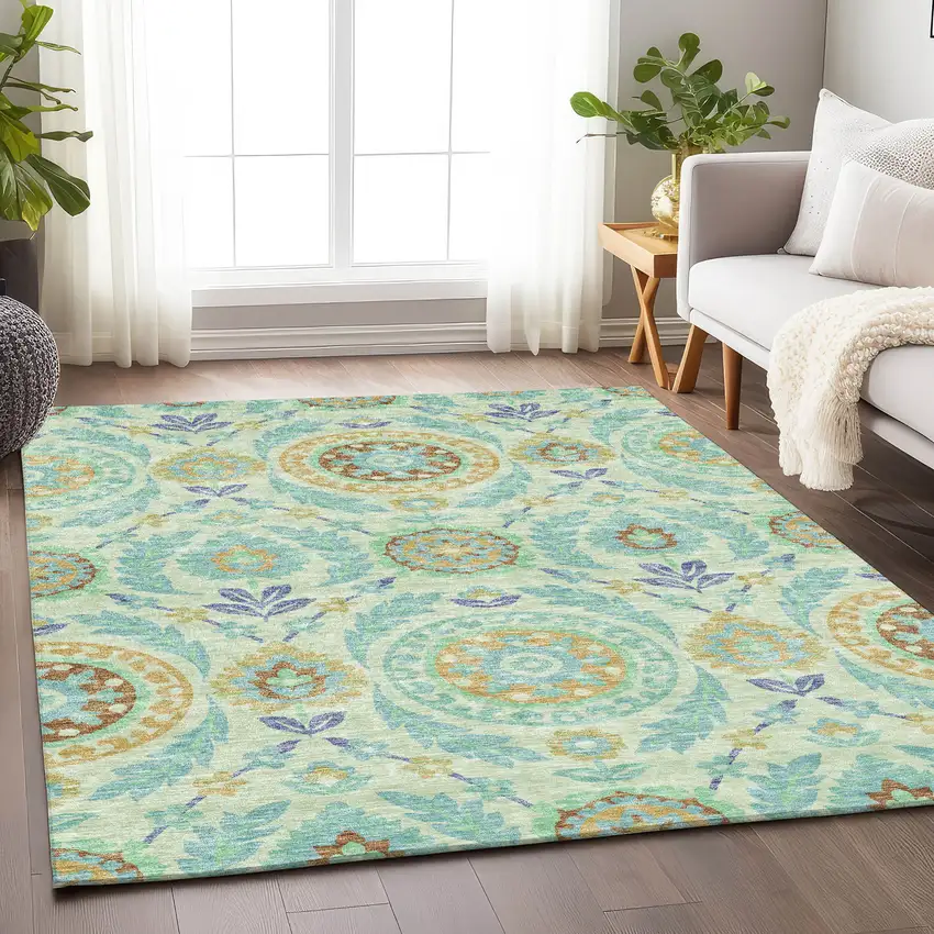 Mint Green Blue And Beige Floral Washable Area Rug With UV Protection Photo 5