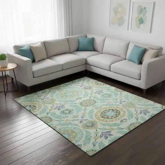 Mint Green Blue And Beige Floral Washable Area Rug With UV Protection Photo 2