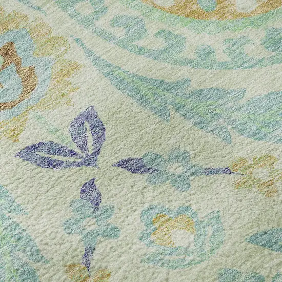 Mint Green Blue And Beige Floral Washable Area Rug With UV Protection Photo 9