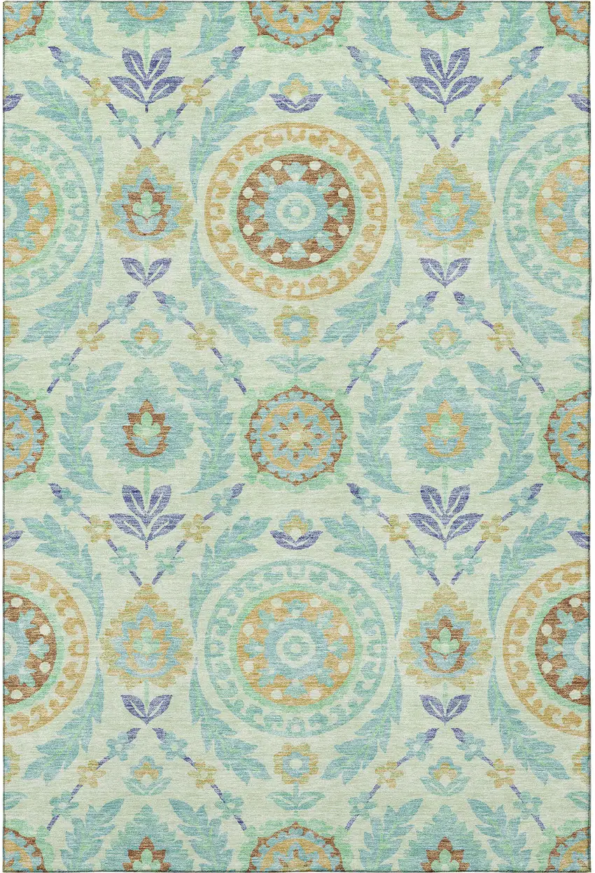 Mint Green Blue And Beige Floral Washable Area Rug With UV Protection Photo 4