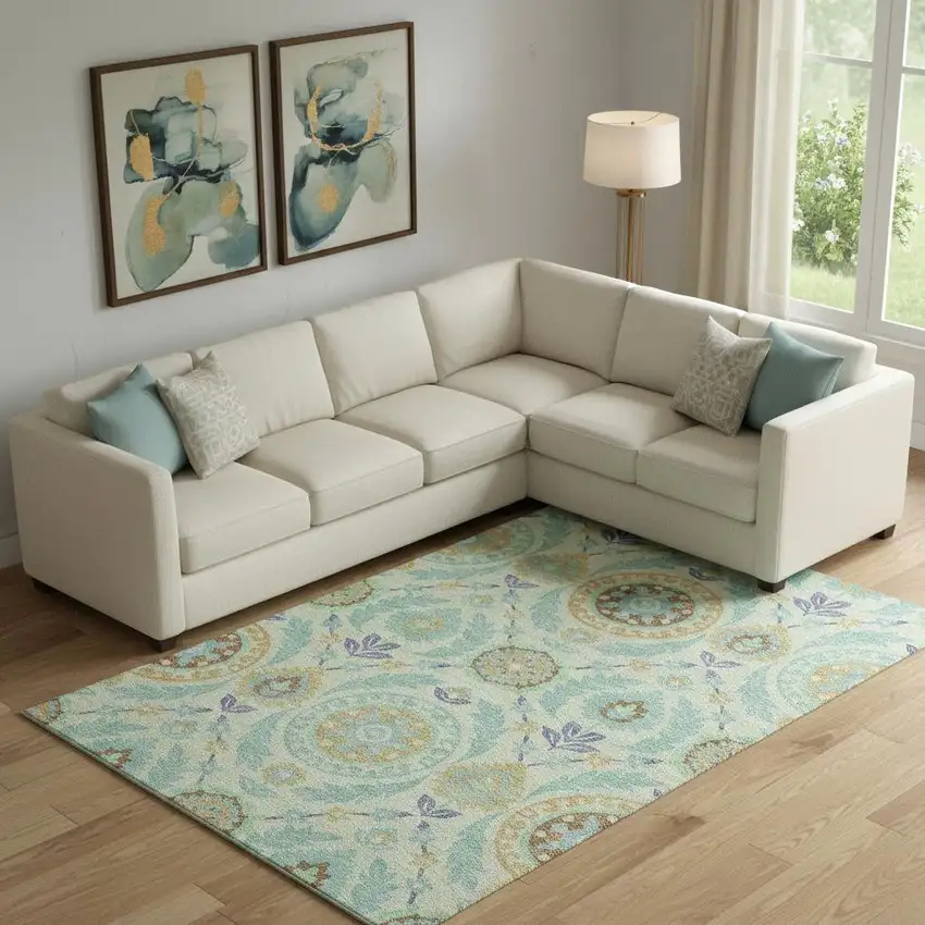 Mint Green Blue And Beige Floral Washable Area Rug With UV Protection Photo 1