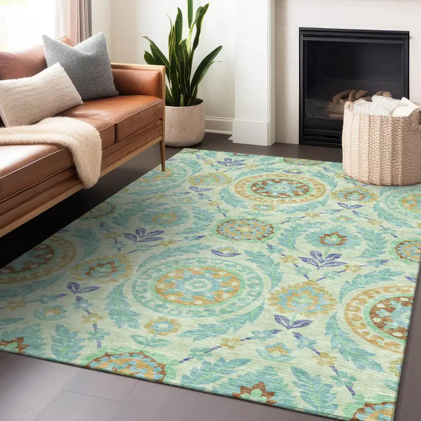 Mint Green Blue And Beige Floral Washable Area Rug With UV Protection Photo 6