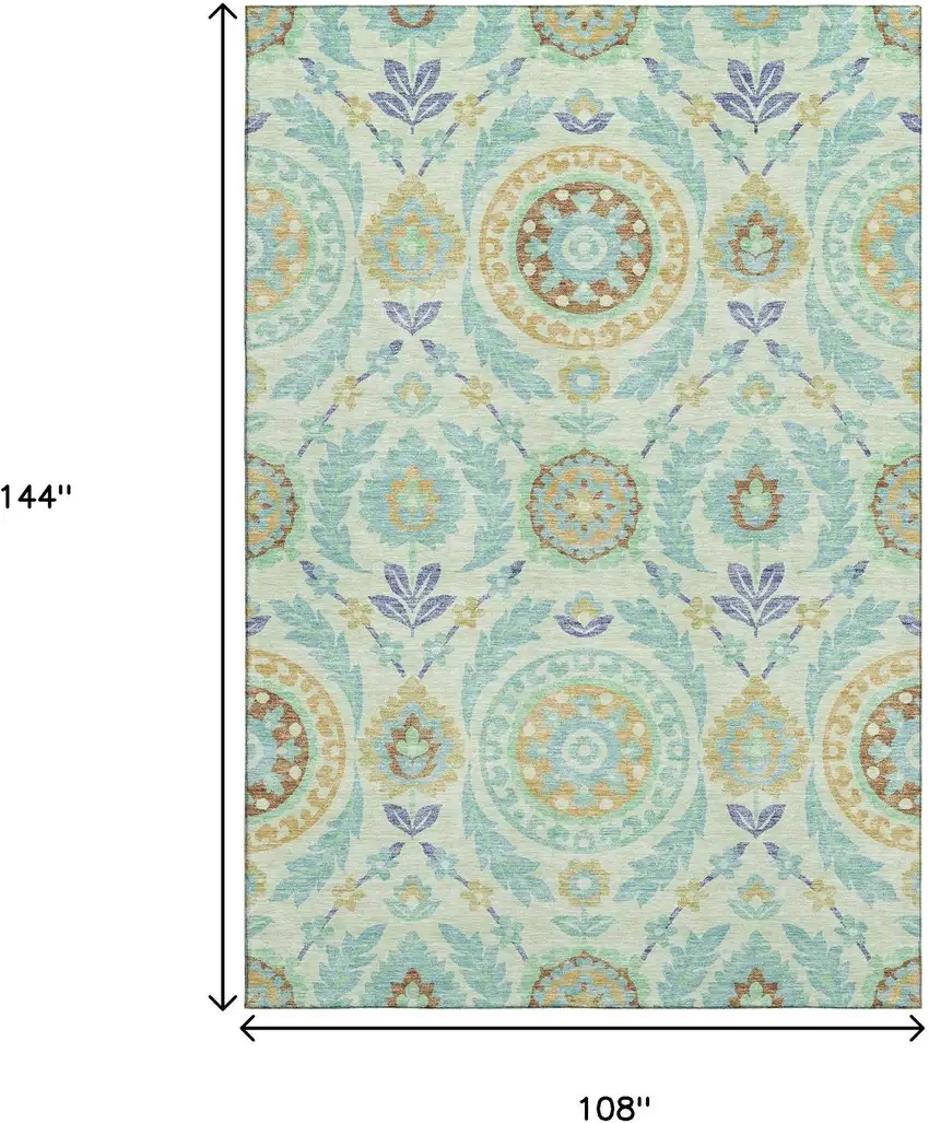 Mint Green Blue And Beige Floral Washable Area Rug With UV Protection Photo 3