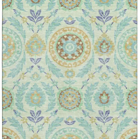 Mint Green Blue And Beige Floral Washable Area Rug With UV Protection Photo 3