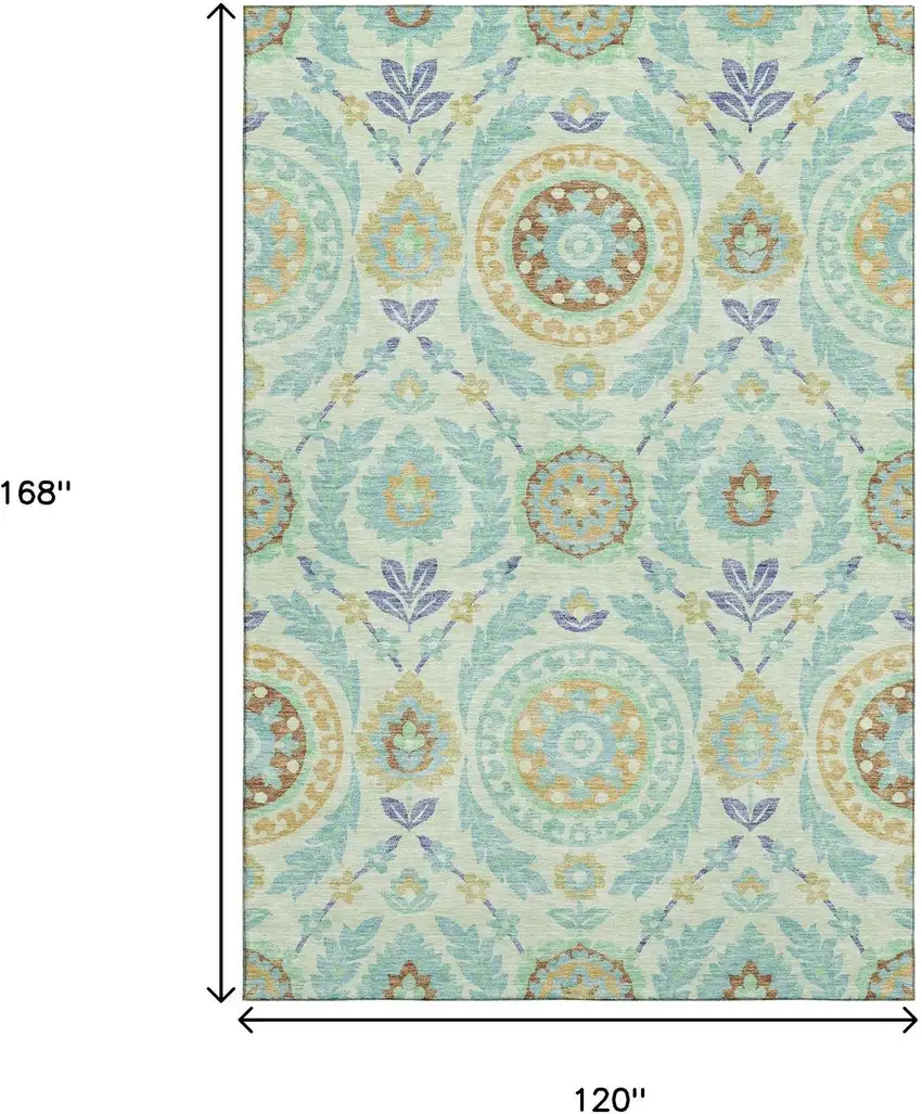 Mint Green Blue And Beige Floral Washable Area Rug With UV Protection Photo 3