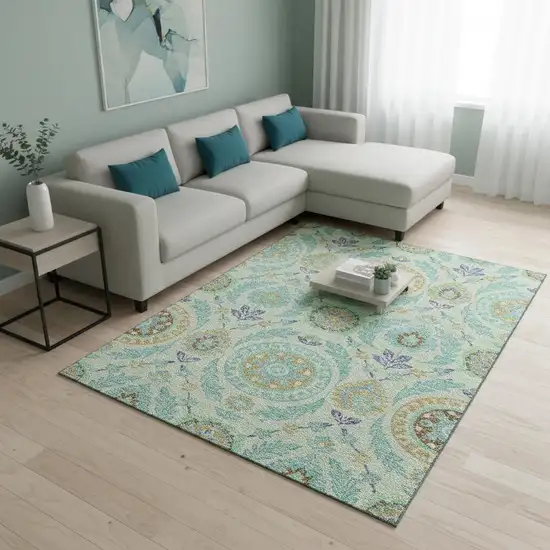 Mint Green Blue And Beige Floral Washable Area Rug With UV Protection Photo 2