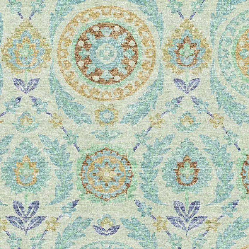 Mint Green Blue And Beige Floral Washable Area Rug With UV Protection Photo 3