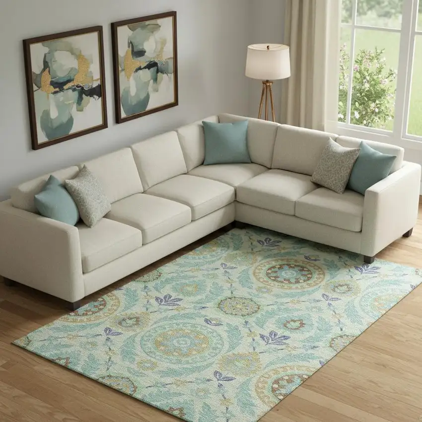 Mint Green Blue And Beige Floral Washable Area Rug With UV Protection Photo 1
