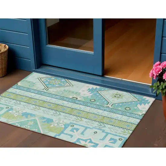 Mint Green Blue And Ivory Aztec Washable Indoor Outdoor Area Rug Photo 1