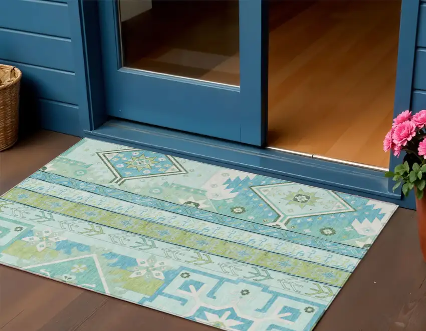 Mint Green Blue And Ivory Aztec Washable Indoor Outdoor Area Rug Photo 1